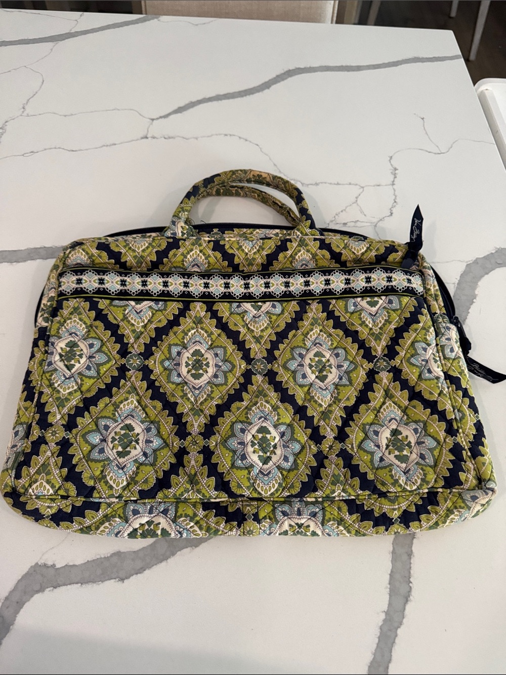 Vera Bradley Olive Green Quilted Laptop Tote with Navy Pattern
